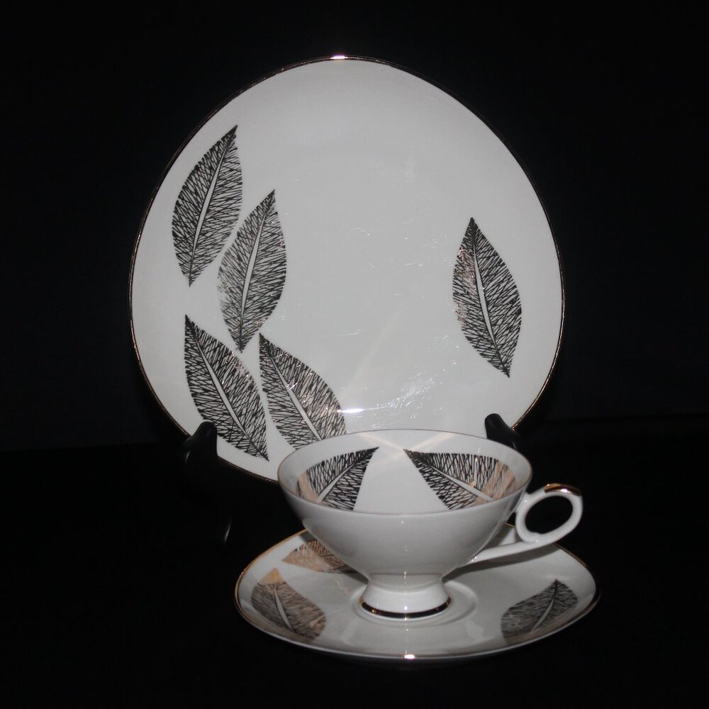 Bavaria Fine Porcelain Trio Set | German Shimmering Gold Leaf with Gold Trim